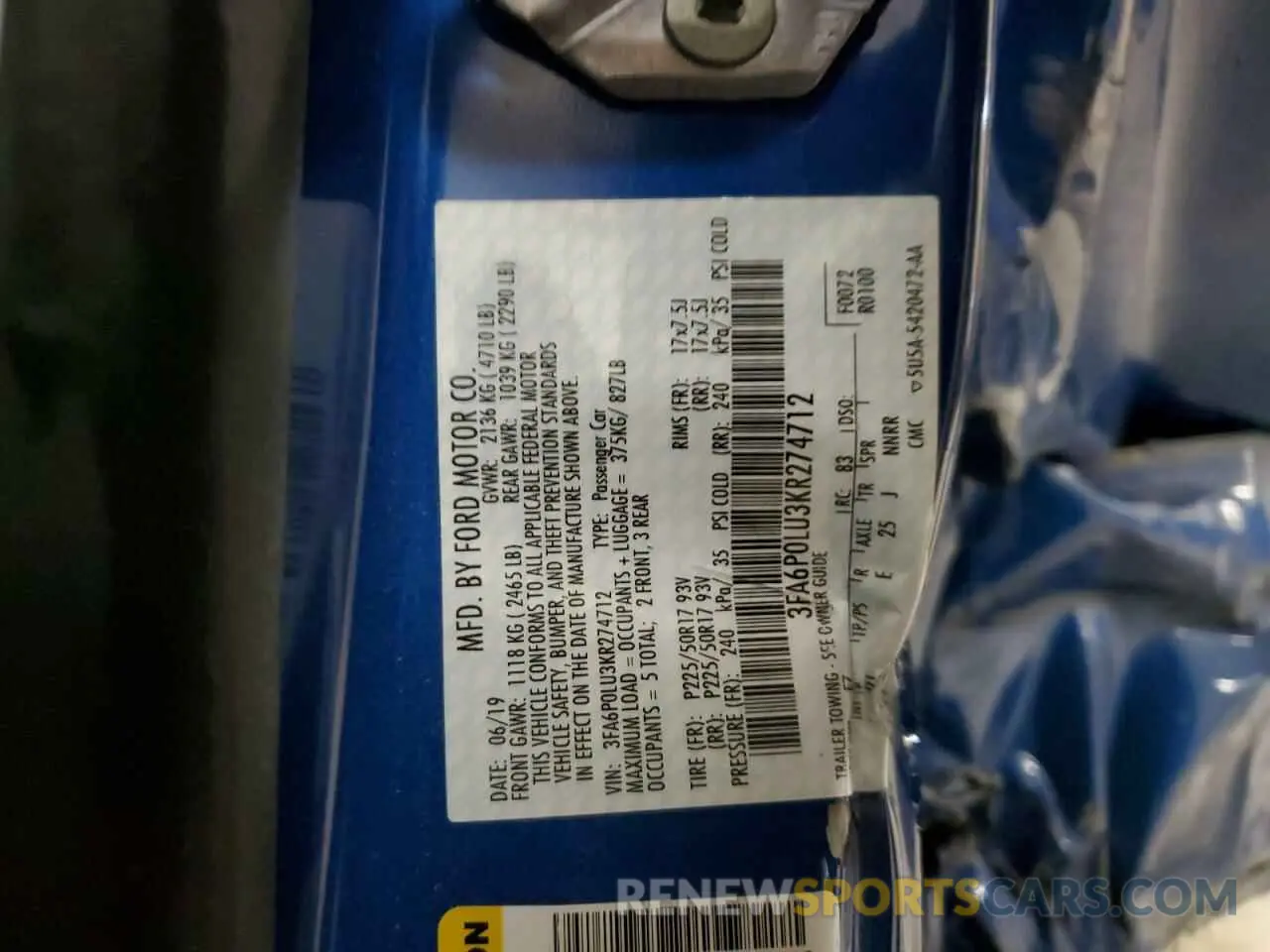 12 Photograph of a damaged car 3FA6P0LU3KR274712 FORD FUSION 2019