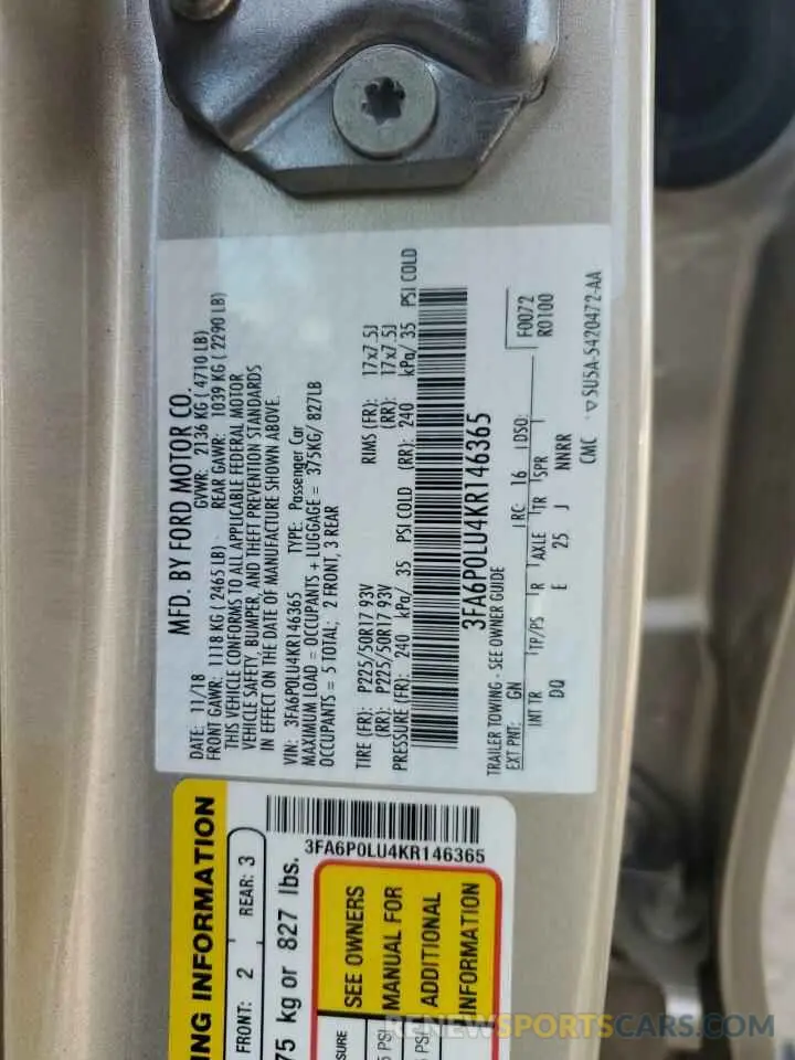 12 Photograph of a damaged car 3FA6P0LU4KR146365 FORD FUSION 2019