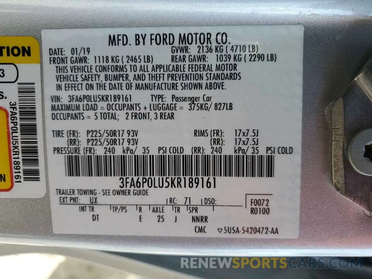 12 Photograph of a damaged car 3FA6P0LU5KR189161 FORD FUSION 2019