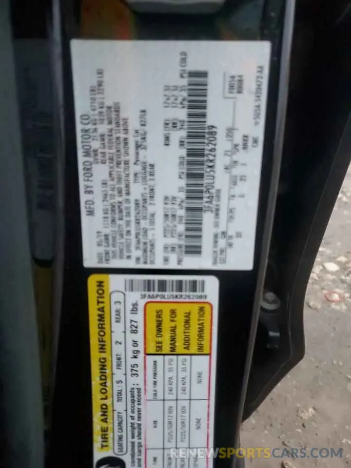 12 Photograph of a damaged car 3FA6P0LU5KR262089 FORD FUSION 2019