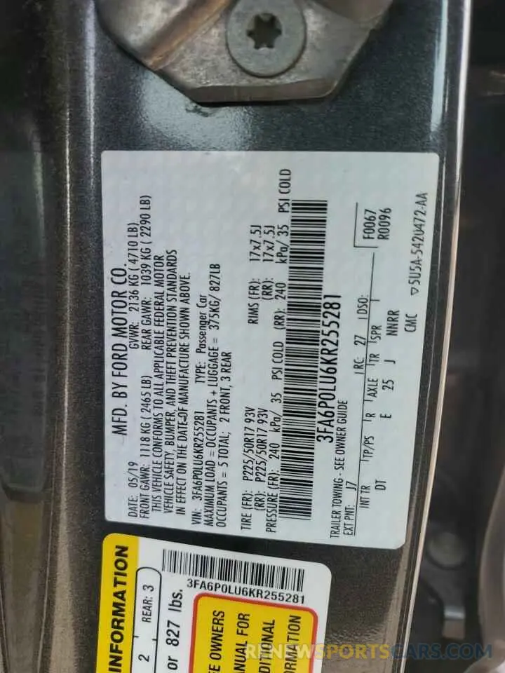 14 Photograph of a damaged car 3FA6P0LU6KR255281 FORD FUSION 2019