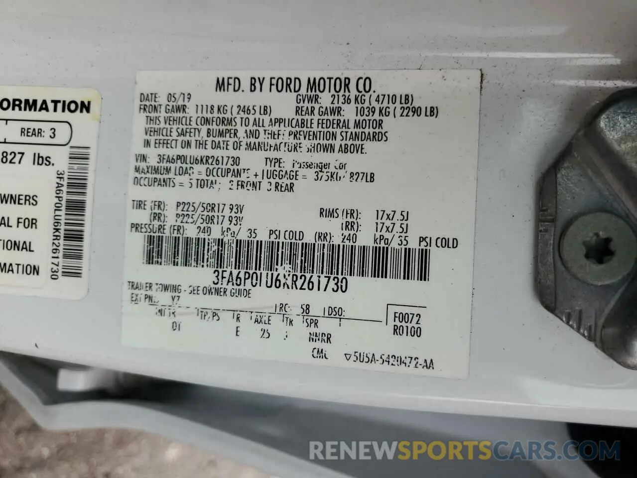 12 Photograph of a damaged car 3FA6P0LU6KR261730 FORD FUSION 2019