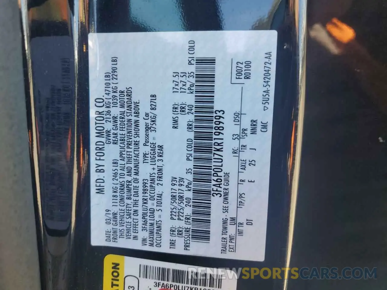 12 Photograph of a damaged car 3FA6P0LU7KR198993 FORD FUSION 2019