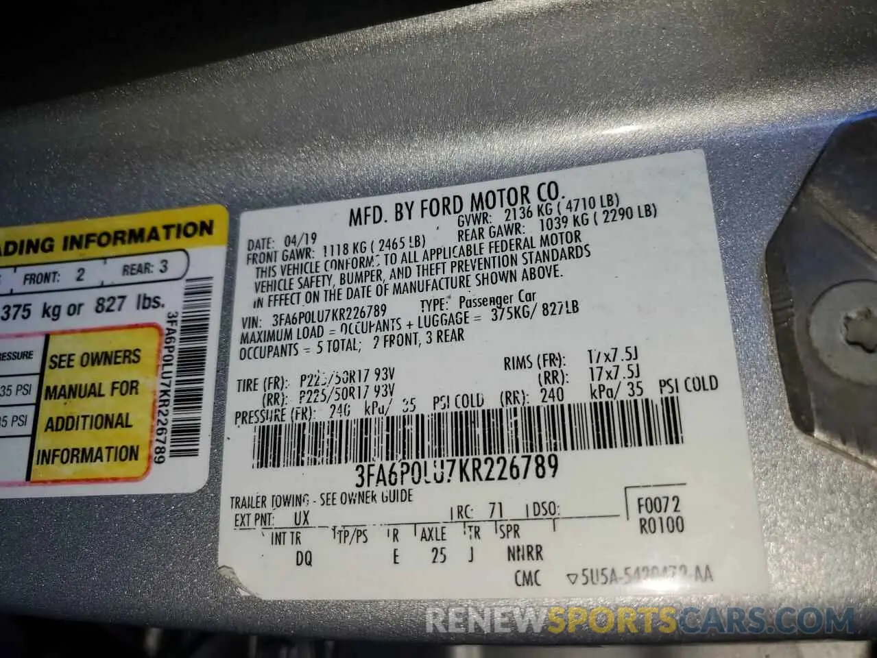 12 Photograph of a damaged car 3FA6P0LU7KR226789 FORD FUSION 2019