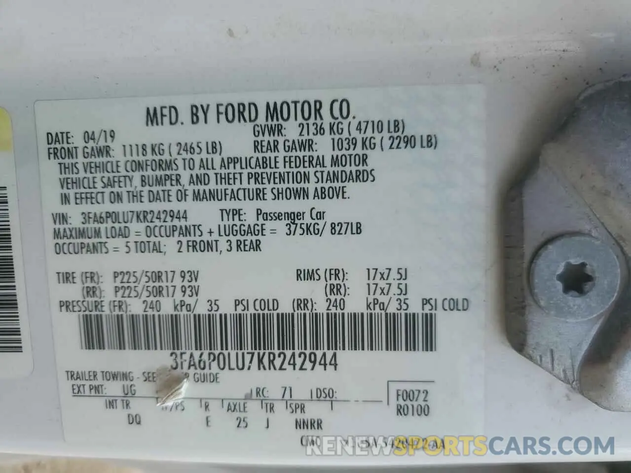 12 Photograph of a damaged car 3FA6P0LU7KR242944 FORD FUSION 2019
