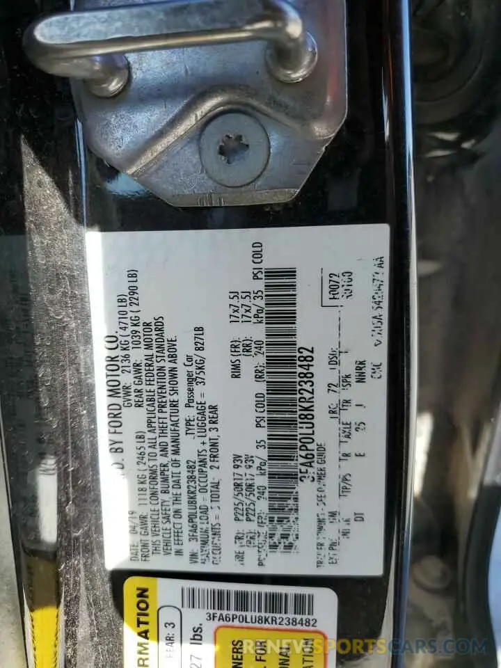 13 Photograph of a damaged car 3FA6P0LU8KR238482 FORD FUSION 2019