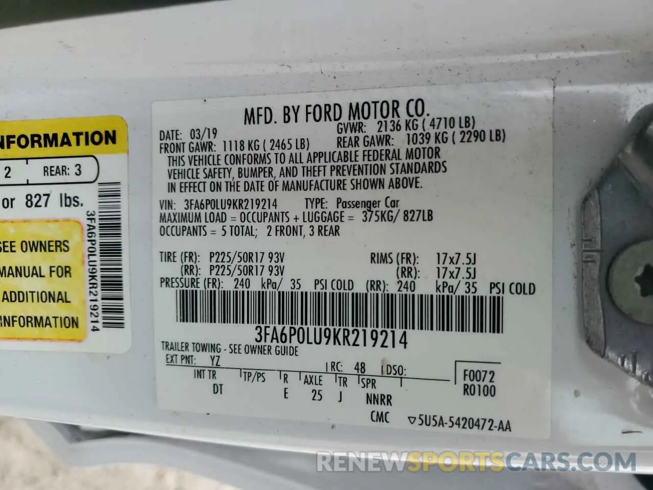 12 Photograph of a damaged car 3FA6P0LU9KR219214 FORD FUSION 2019