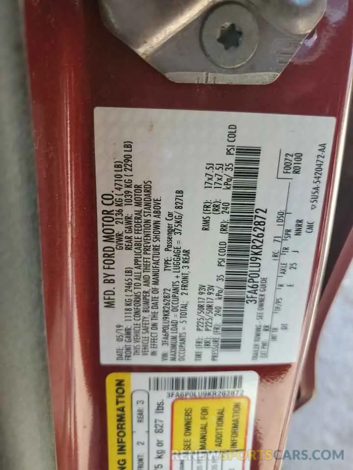 12 Photograph of a damaged car 3FA6P0LU9KR262872 FORD FUSION 2019