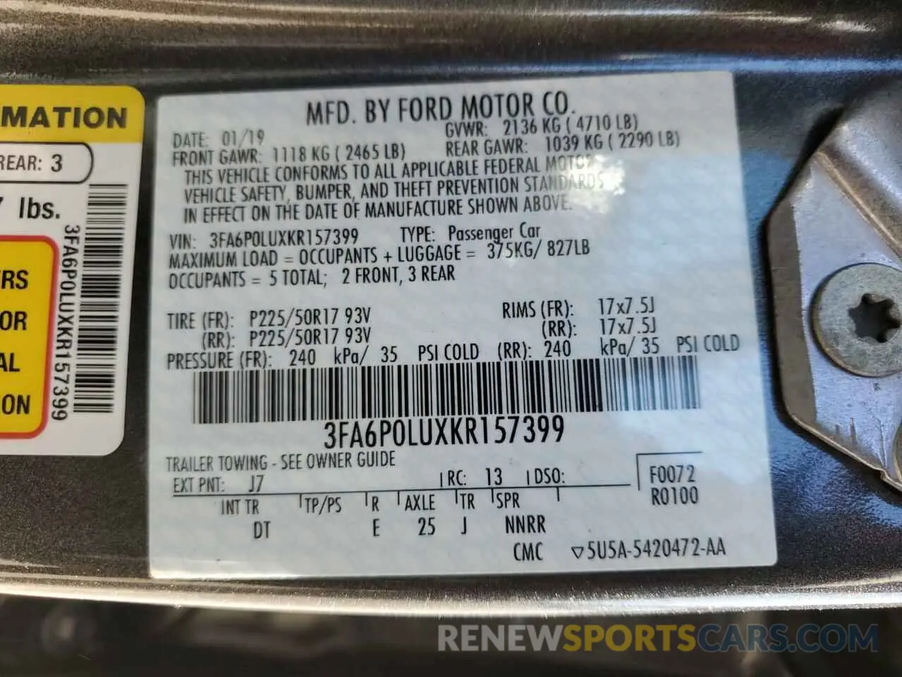 13 Photograph of a damaged car 3FA6P0LUXKR157399 FORD FUSION 2019