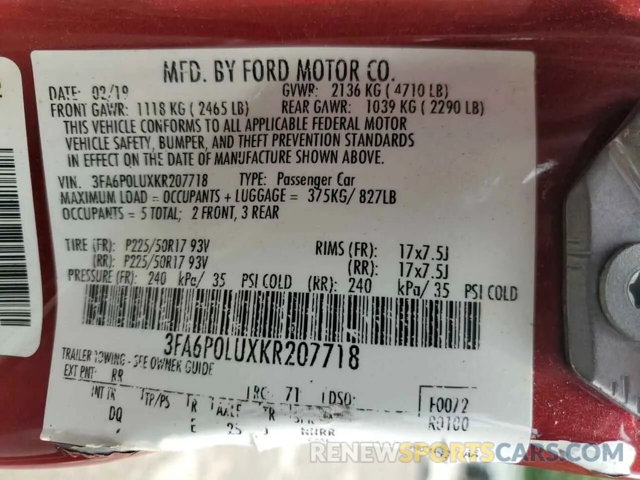 12 Photograph of a damaged car 3FA6P0LUXKR207718 FORD FUSION 2019