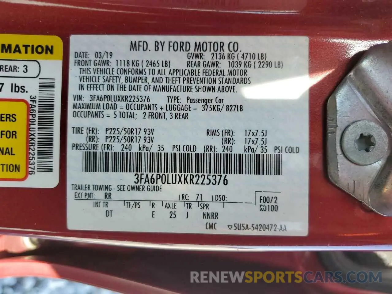 12 Photograph of a damaged car 3FA6P0LUXKR225376 FORD FUSION 2019