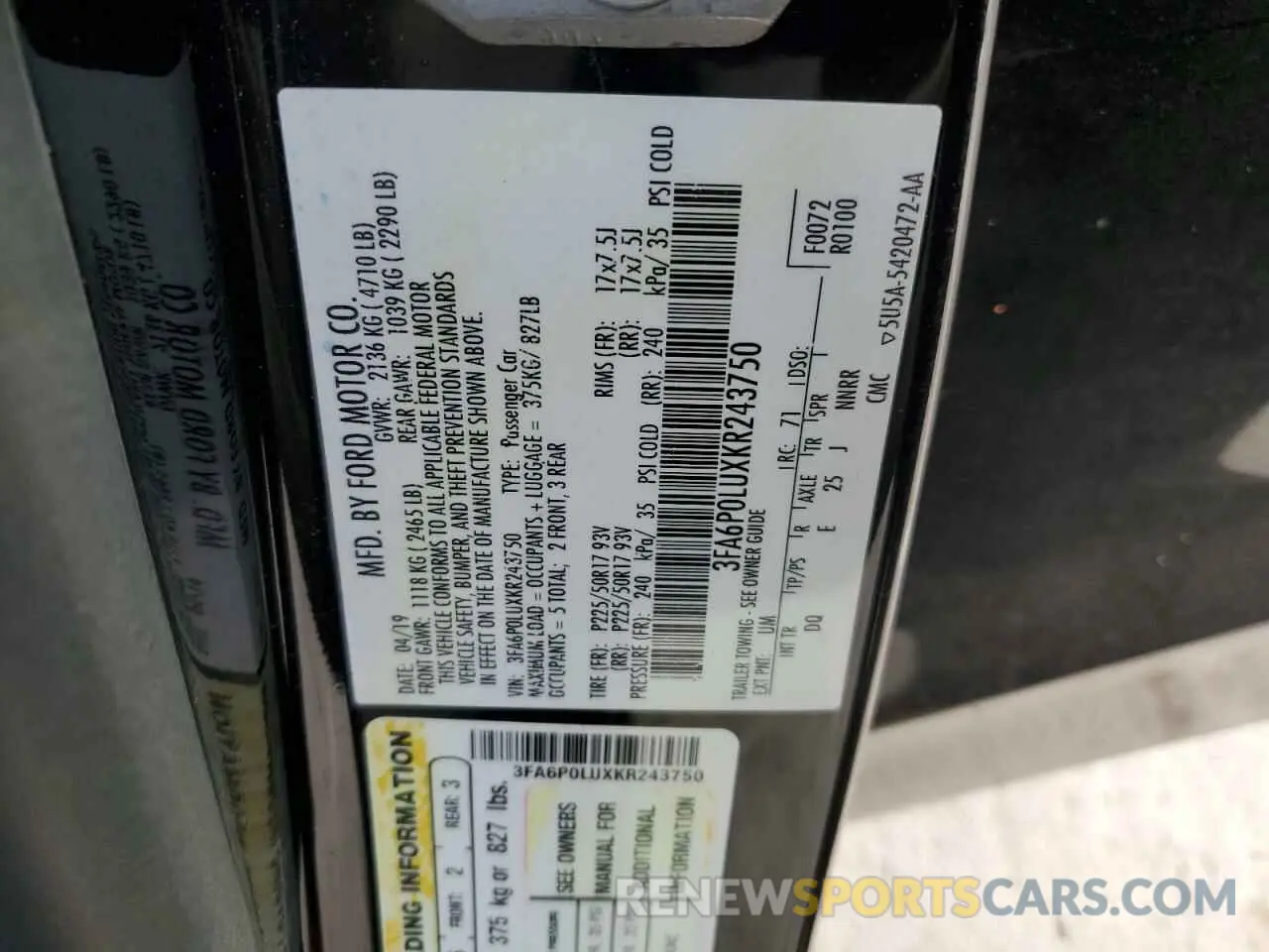 12 Photograph of a damaged car 3FA6P0LUXKR243750 FORD FUSION 2019