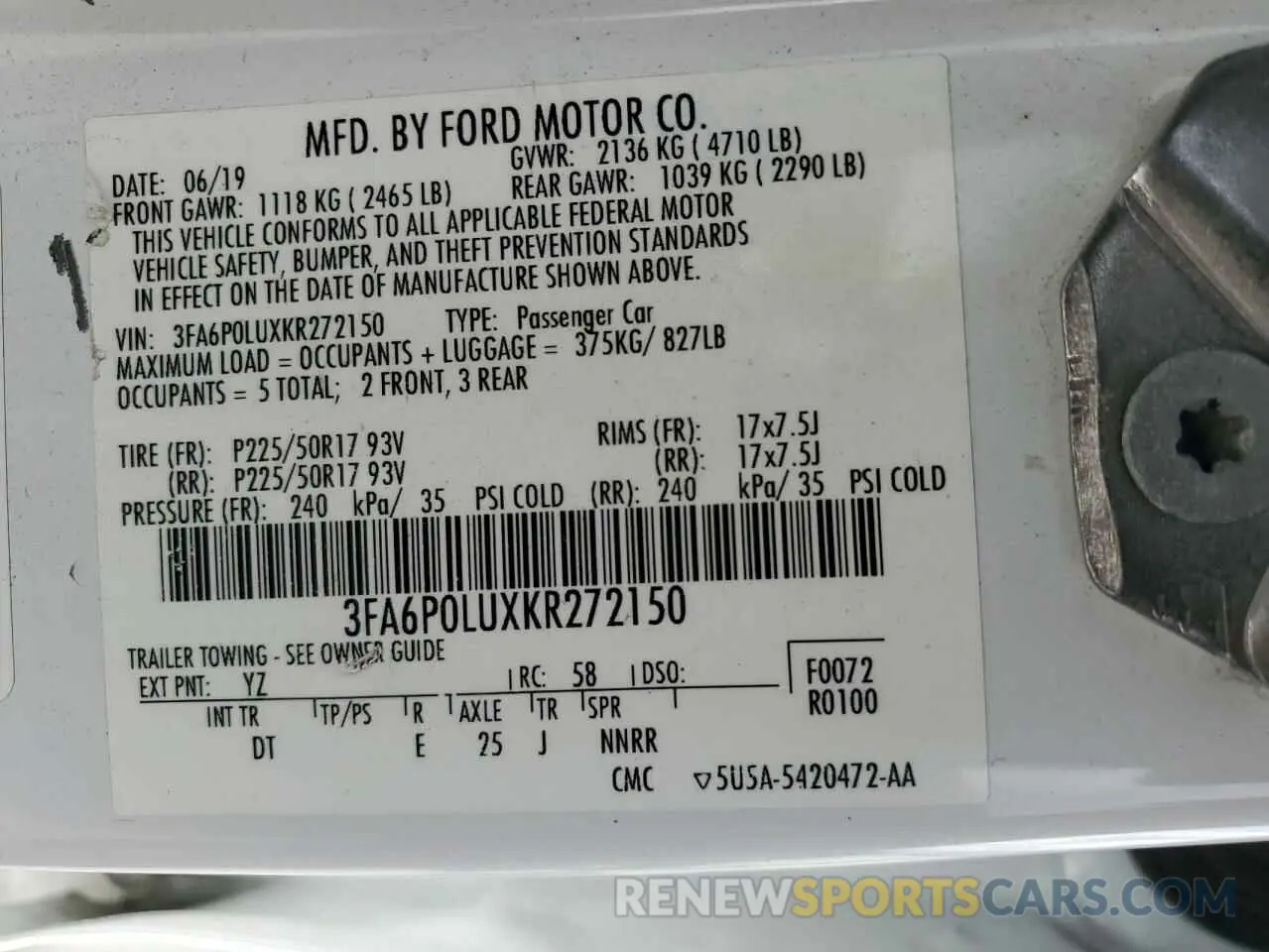 15 Photograph of a damaged car 3FA6P0LUXKR272150 FORD FUSION 2019