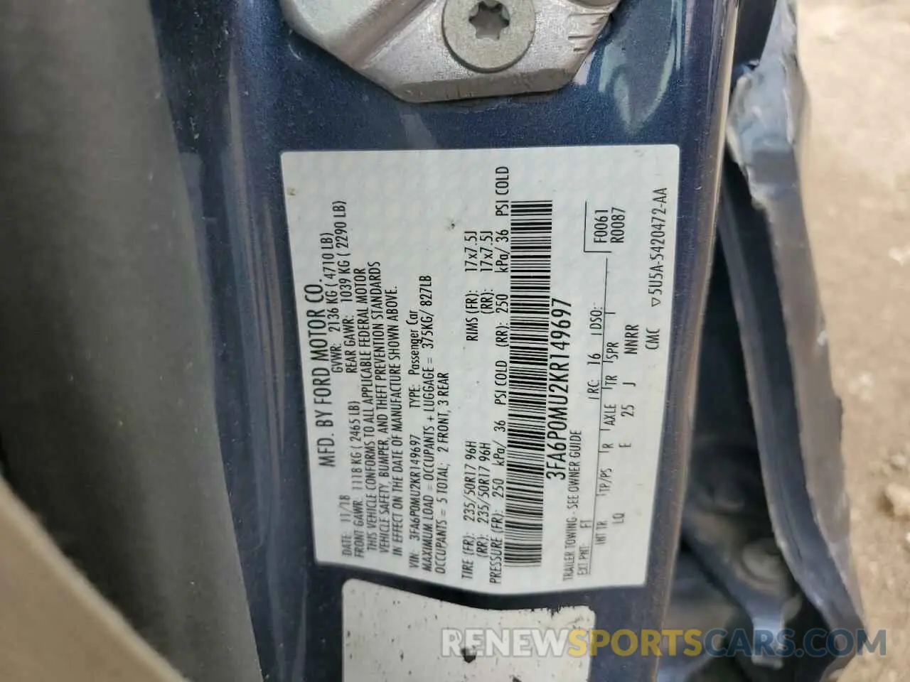 12 Photograph of a damaged car 3FA6P0MU2KR149697 FORD FUSION 2019