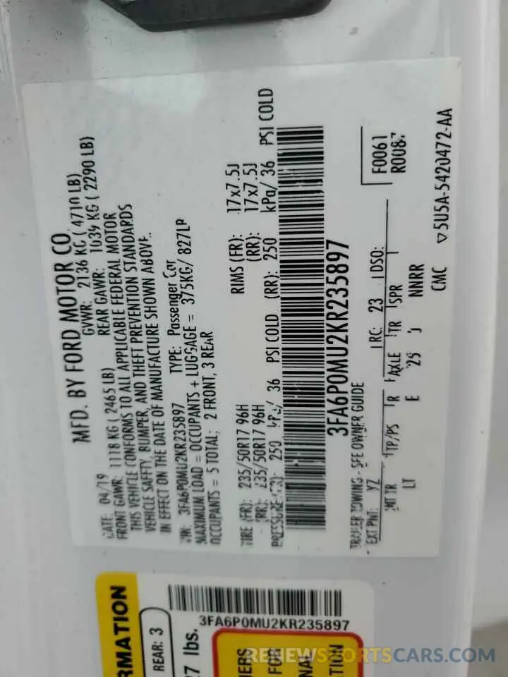 13 Photograph of a damaged car 3FA6P0MU2KR235897 FORD FUSION 2019