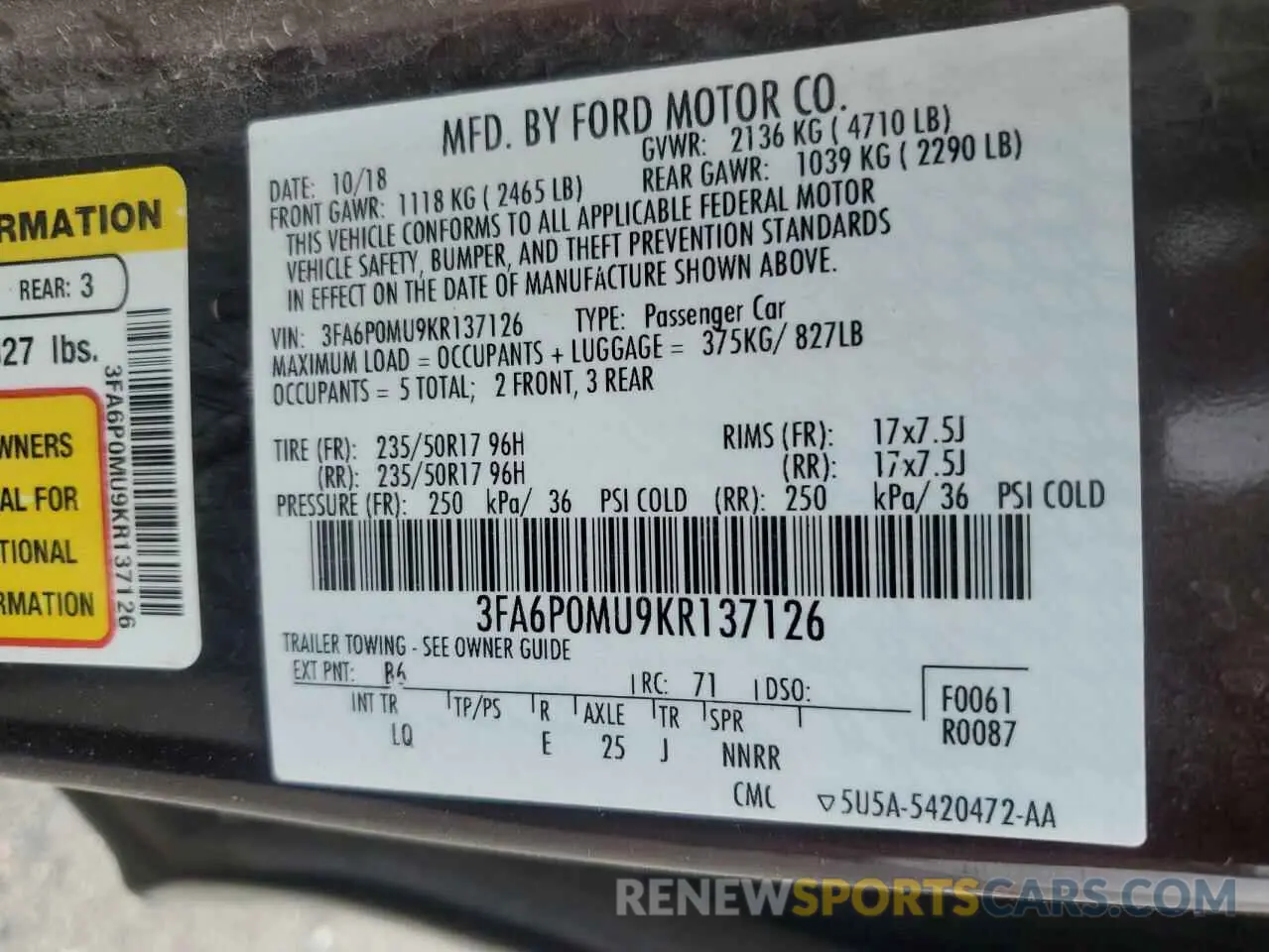 12 Photograph of a damaged car 3FA6P0MU9KR137126 FORD FUSION 2019