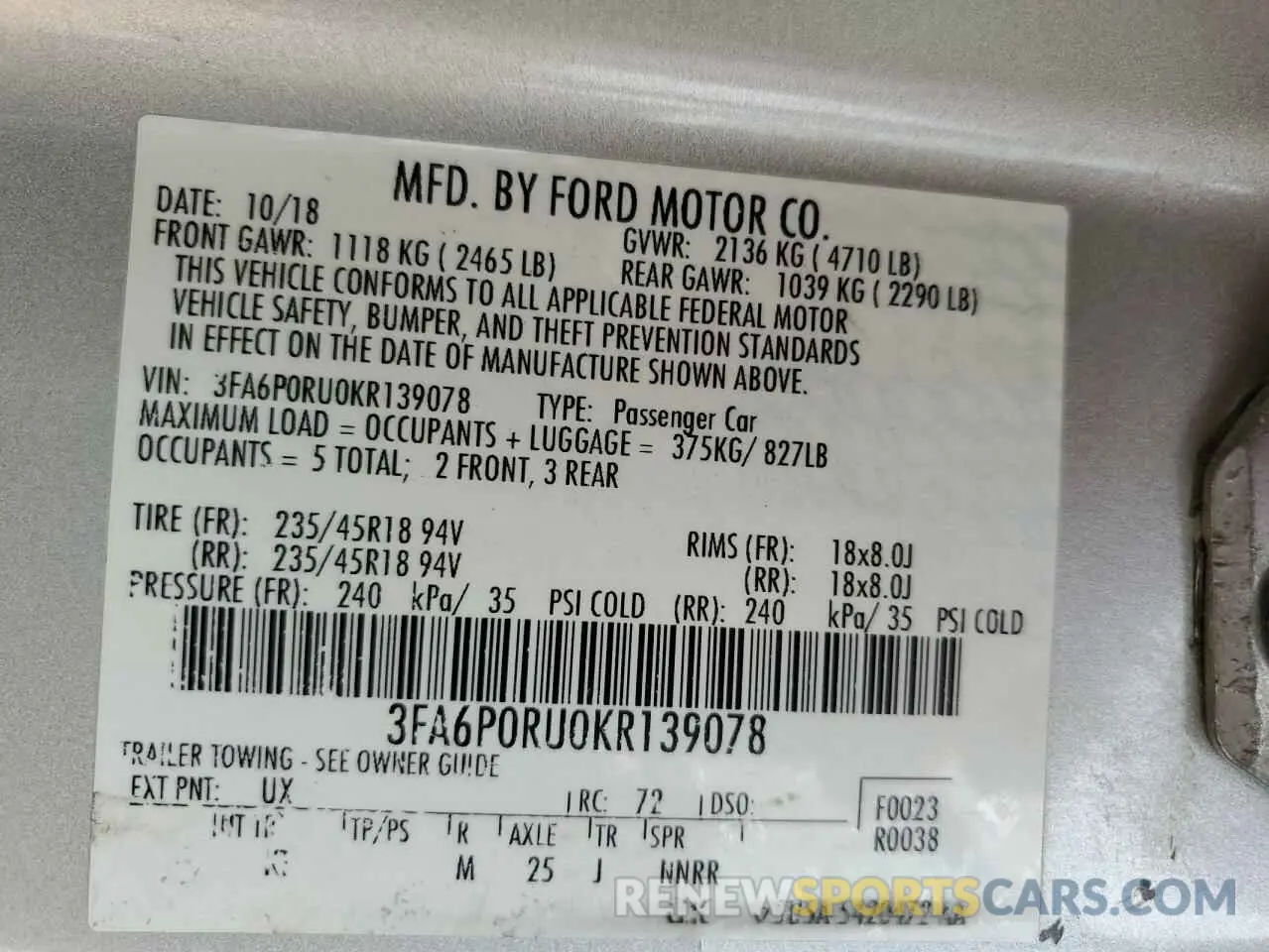 12 Photograph of a damaged car 3FA6P0RU0KR139078 FORD FUSION 2019
