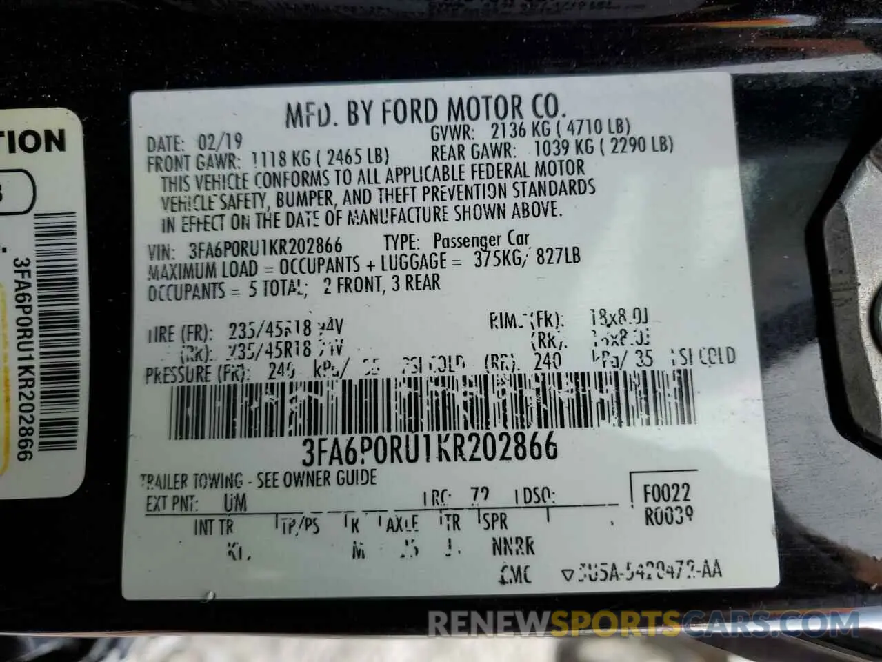 12 Photograph of a damaged car 3FA6P0RU1KR202866 FORD FUSION 2019