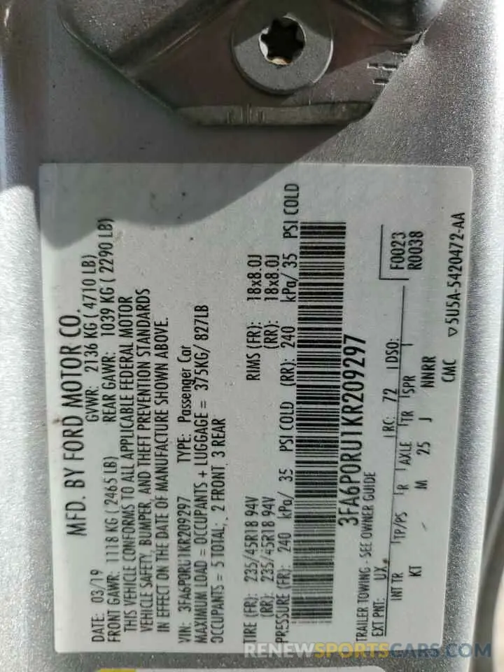 13 Photograph of a damaged car 3FA6P0RU1KR209297 FORD FUSION 2019