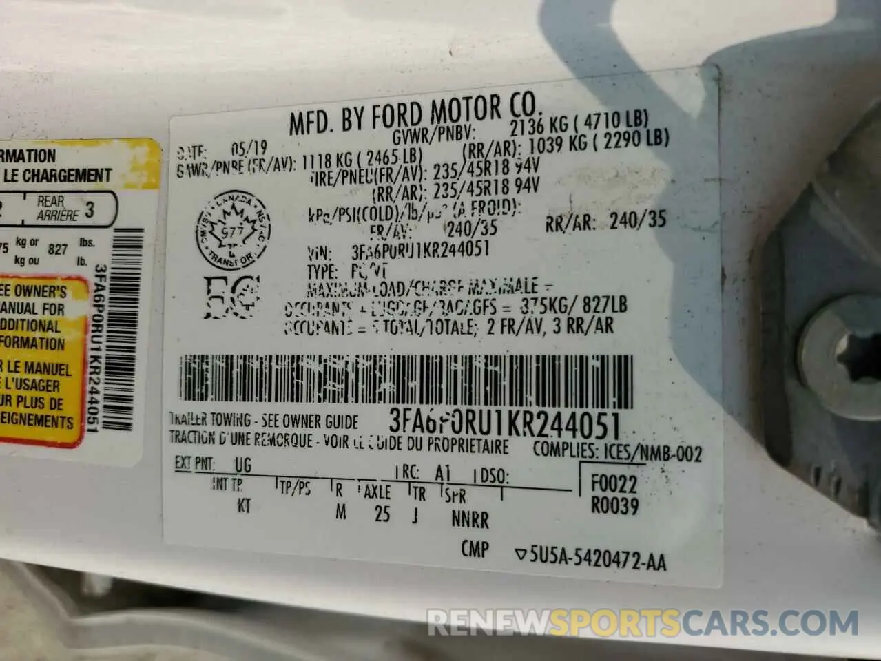 12 Photograph of a damaged car 3FA6P0RU1KR244051 FORD FUSION 2019