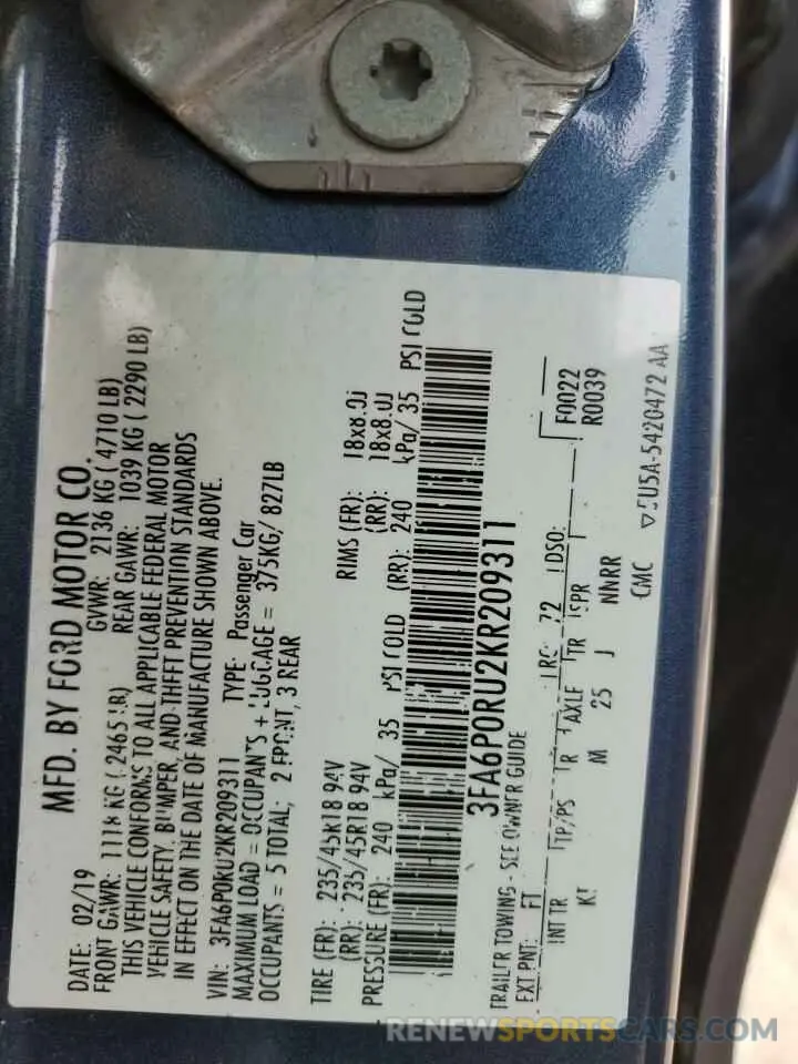 12 Photograph of a damaged car 3FA6P0RU2KR209311 FORD FUSION 2019