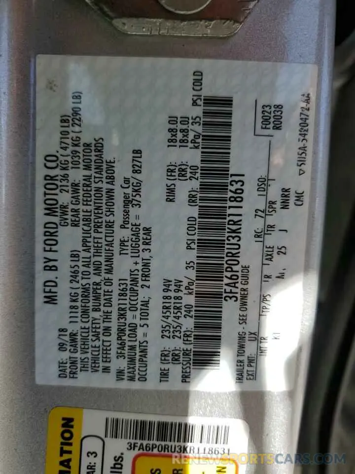 12 Photograph of a damaged car 3FA6P0RU3KR118631 FORD FUSION 2019