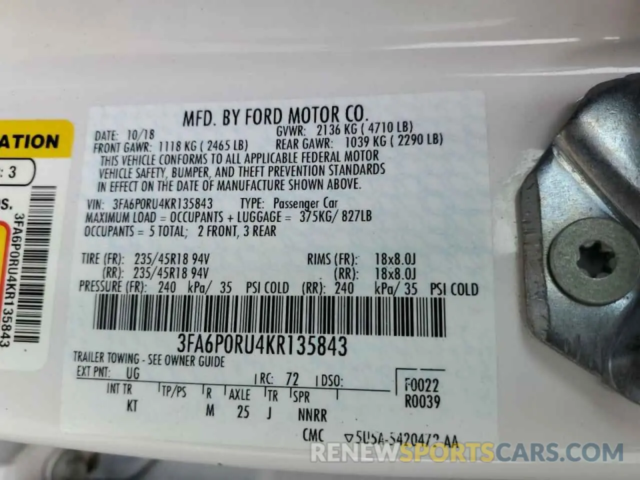 12 Photograph of a damaged car 3FA6P0RU4KR135843 FORD FUSION 2019