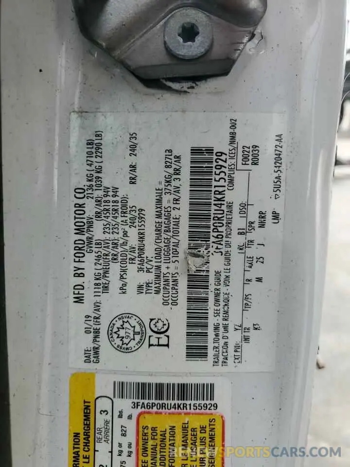 15 Photograph of a damaged car 3FA6P0RU4KR155929 FORD FUSION 2019