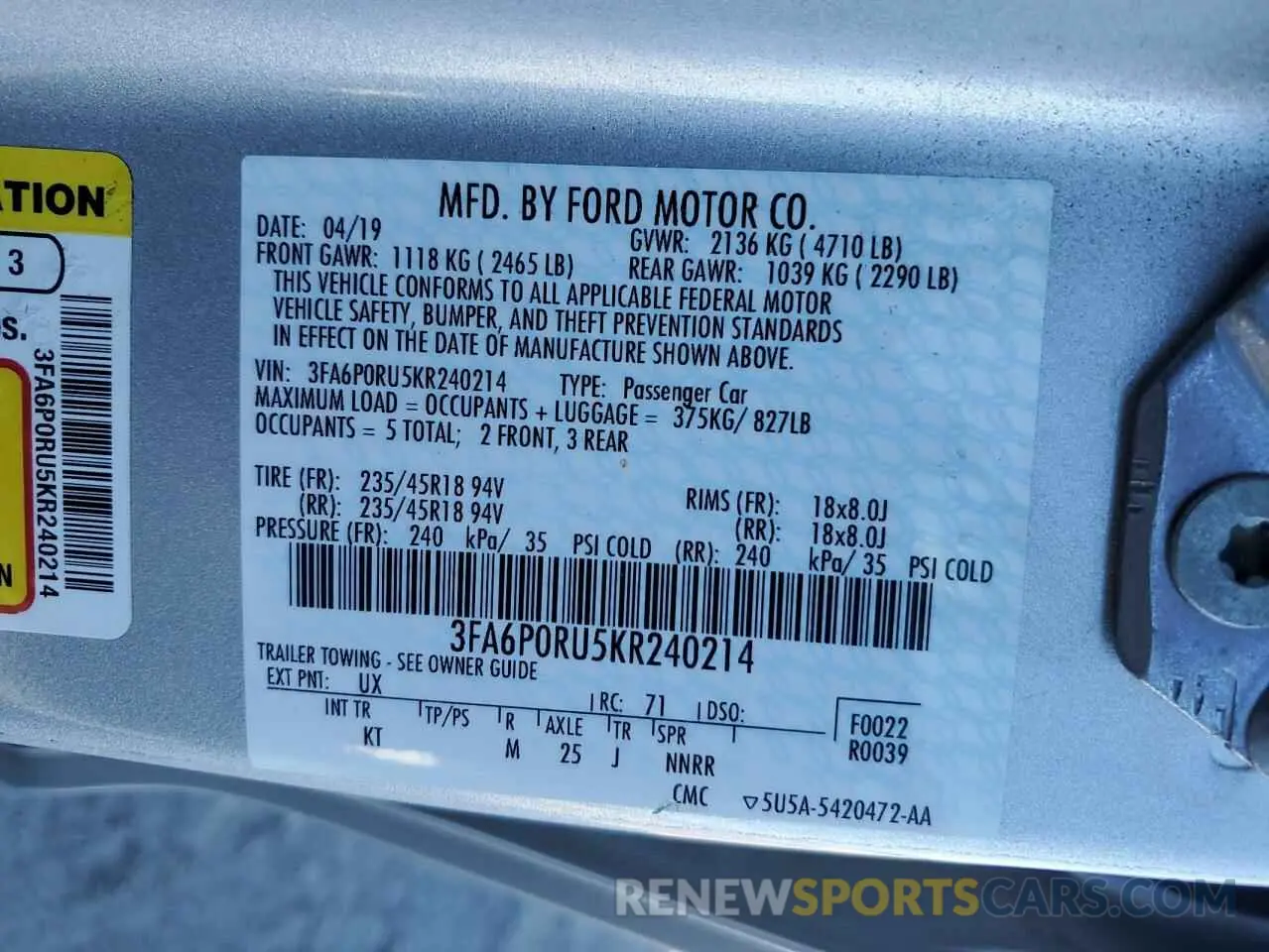 12 Photograph of a damaged car 3FA6P0RU5KR240214 FORD FUSION 2019