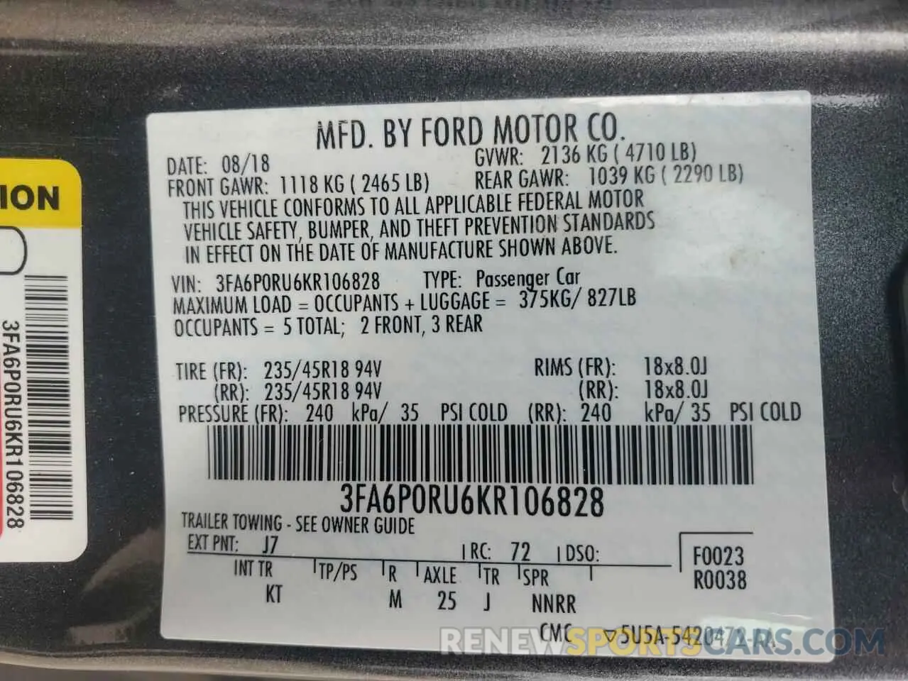 12 Photograph of a damaged car 3FA6P0RU6KR106828 FORD FUSION 2019