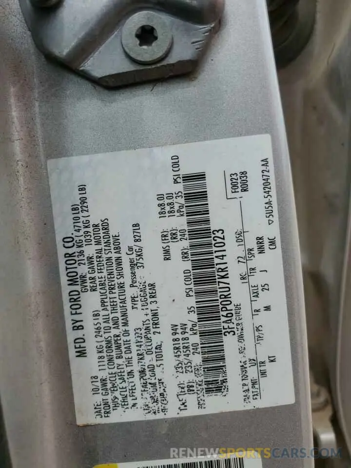 12 Photograph of a damaged car 3FA6P0RU7KR141023 FORD FUSION 2019