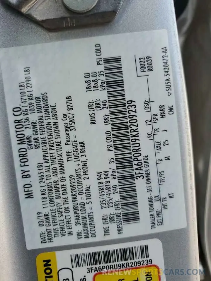 12 Photograph of a damaged car 3FA6P0RU9KR209239 FORD FUSION 2019