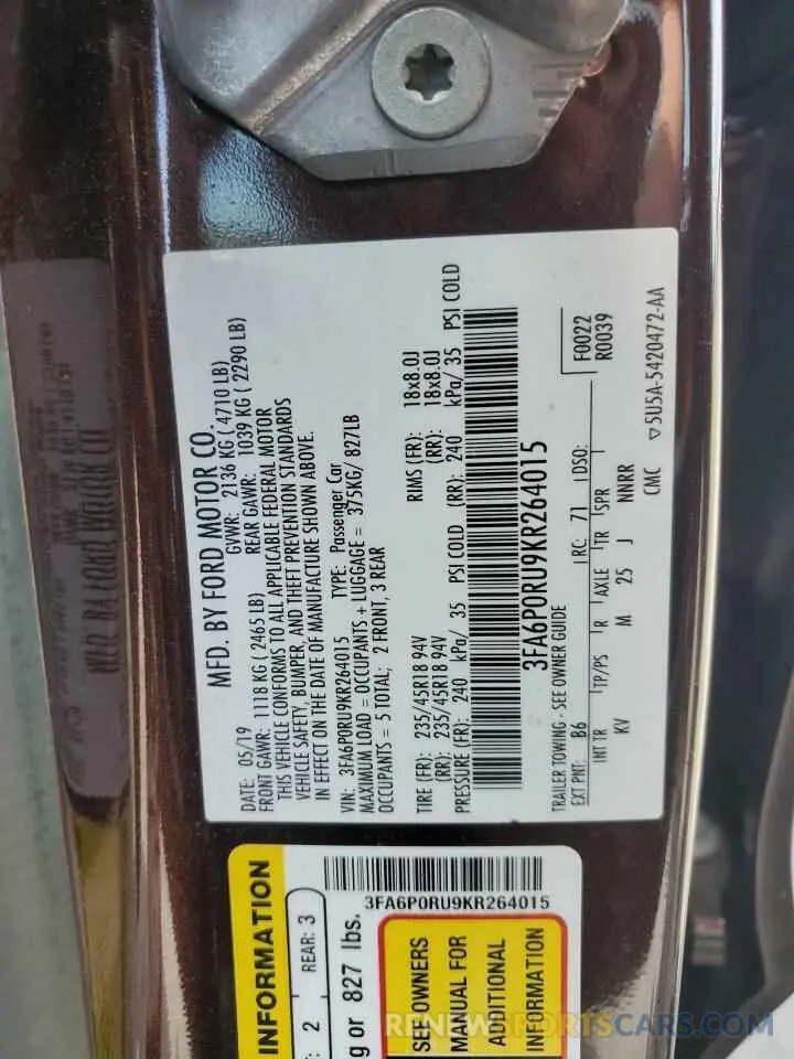 12 Photograph of a damaged car 3FA6P0RU9KR264015 FORD FUSION 2019