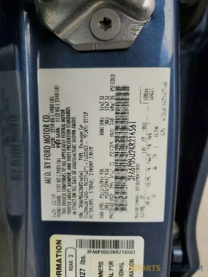 12 Photograph of a damaged car 3FA6P0SU2KR216561 FORD FUSION 2019