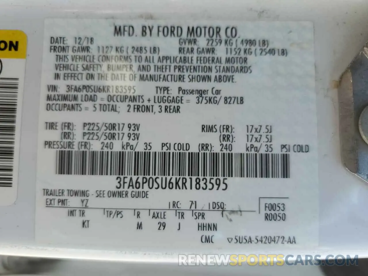12 Photograph of a damaged car 3FA6P0SU6KR183595 FORD FUSION 2019