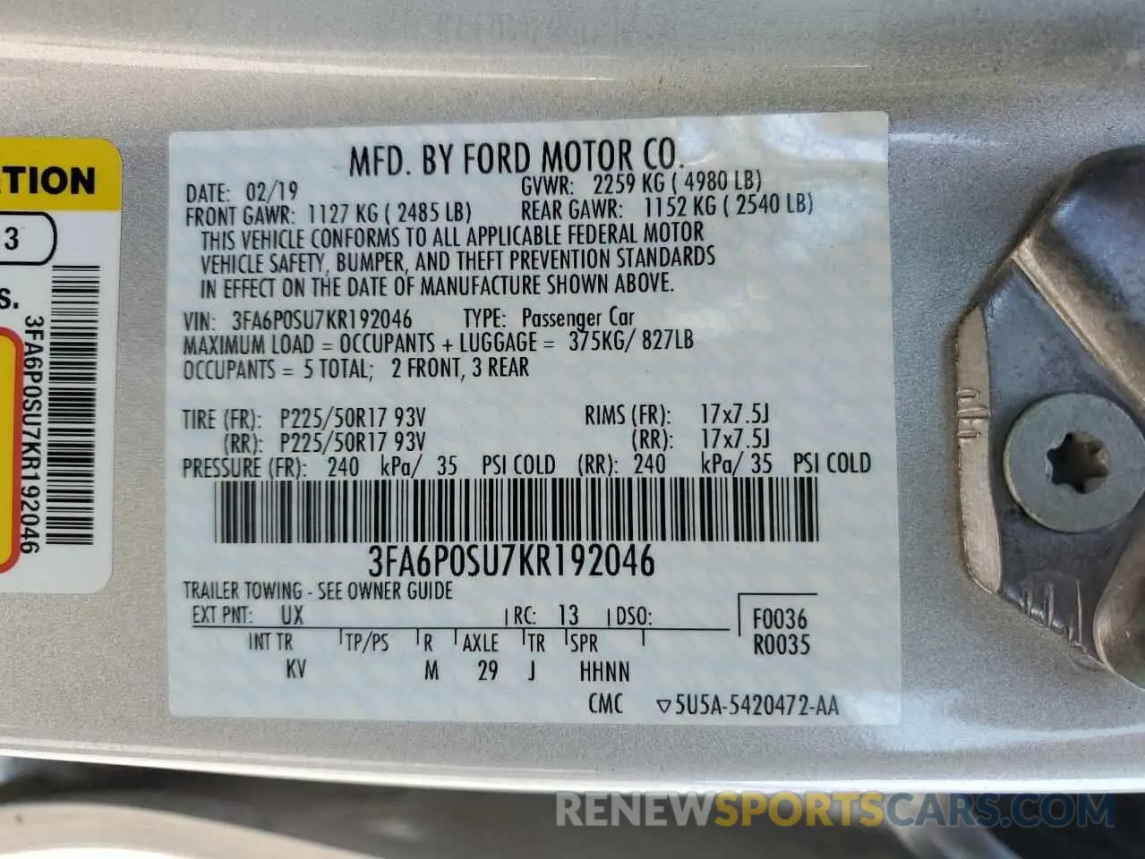 12 Photograph of a damaged car 3FA6P0SU7KR192046 FORD FUSION 2019