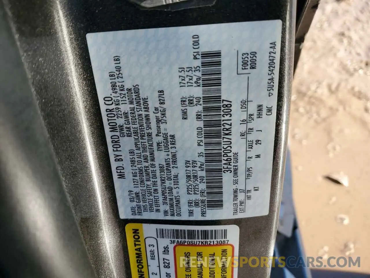 12 Photograph of a damaged car 3FA6P0SU7KR213087 FORD FUSION 2019