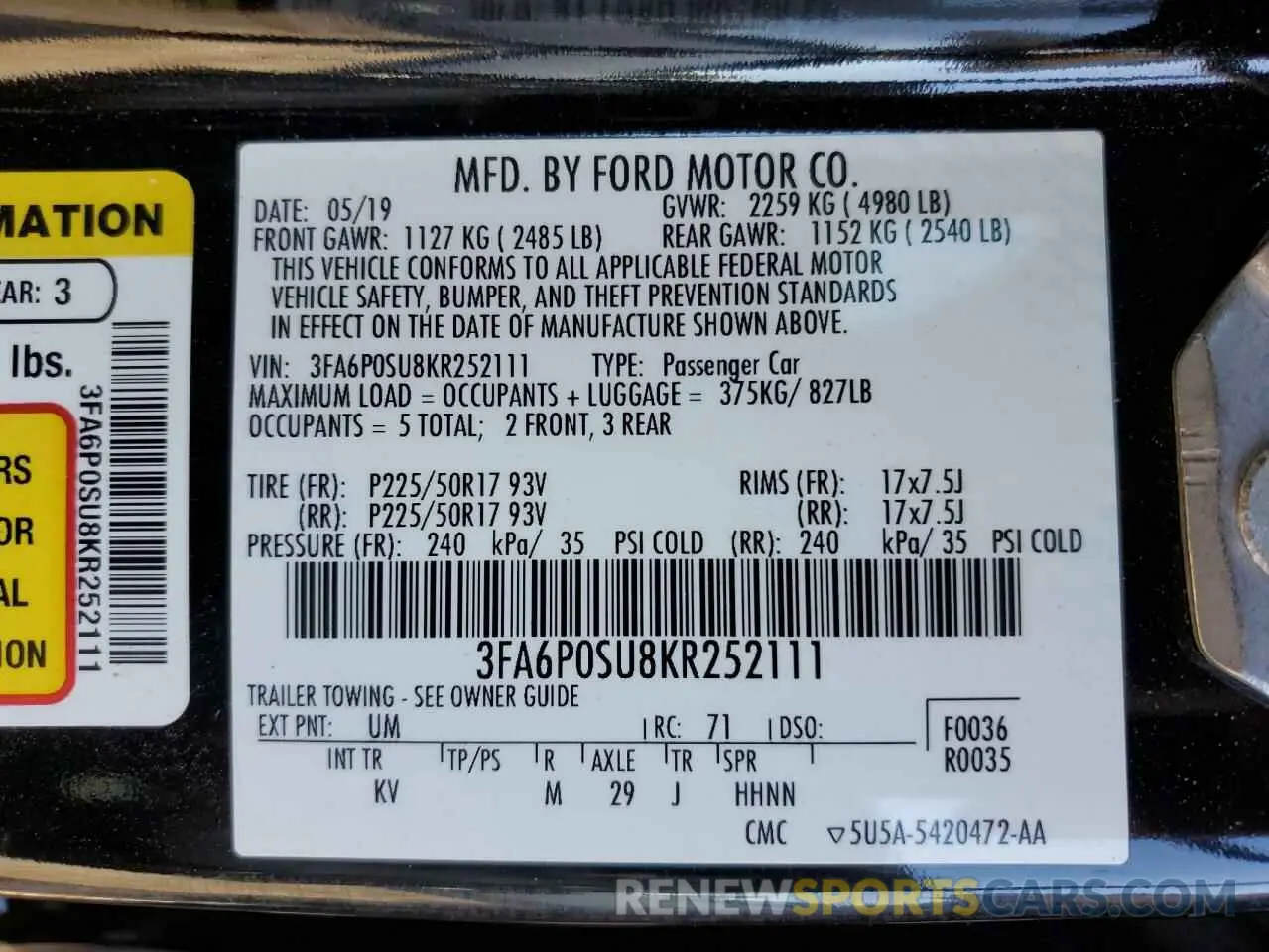 13 Photograph of a damaged car 3FA6P0SU8KR252111 FORD FUSION 2019