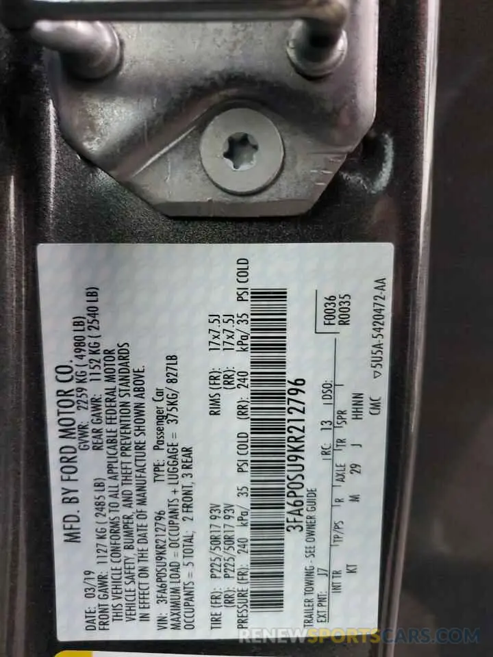 12 Photograph of a damaged car 3FA6P0SU9KR212796 FORD FUSION 2019