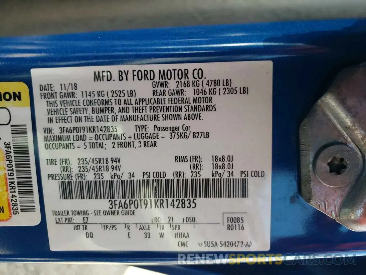 12 Photograph of a damaged car 3FA6P0T91KR142835 FORD FUSION 2019