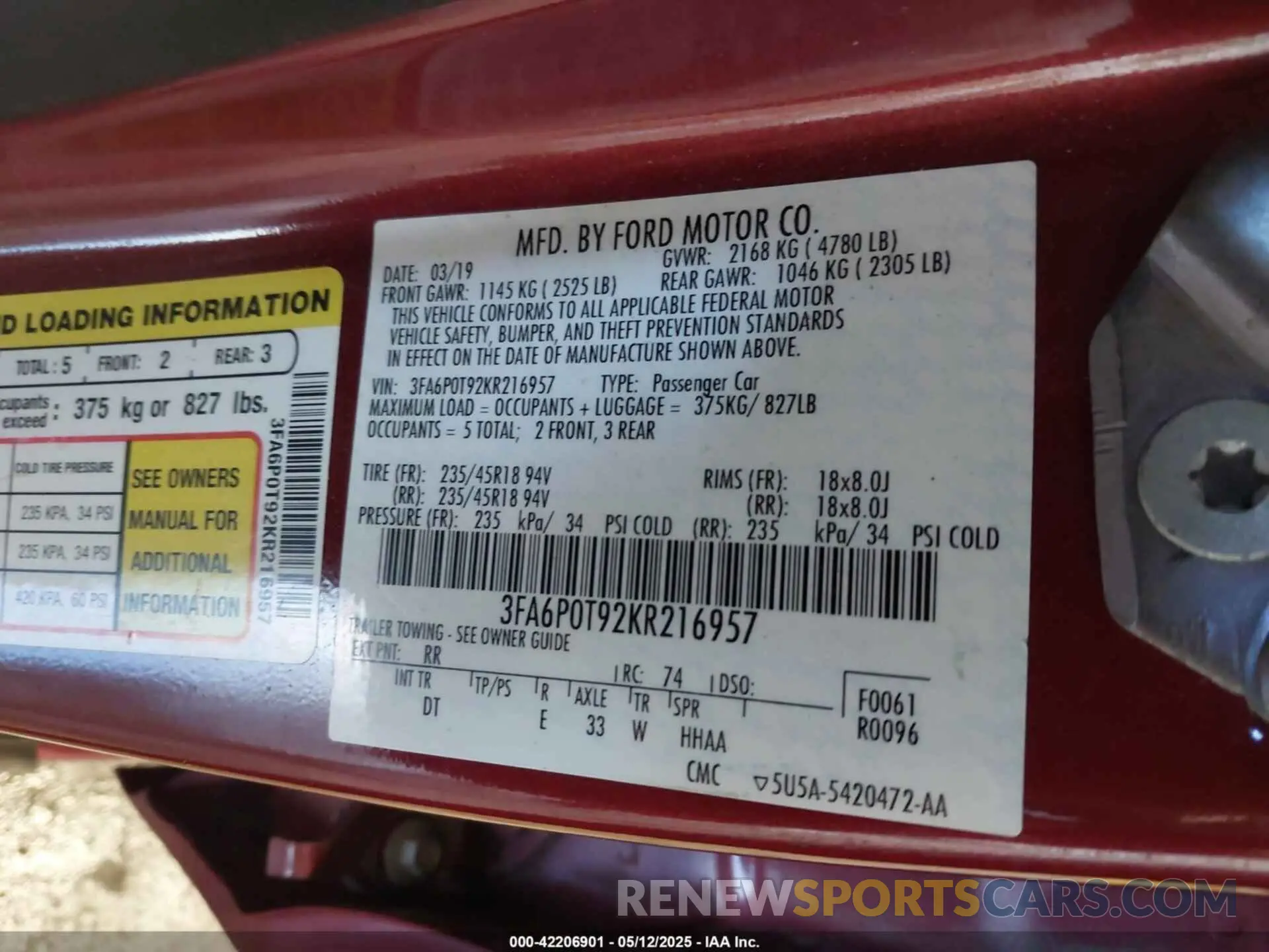 9 Photograph of a damaged car 3FA6P0T92KR216957 FORD FUSION 2019