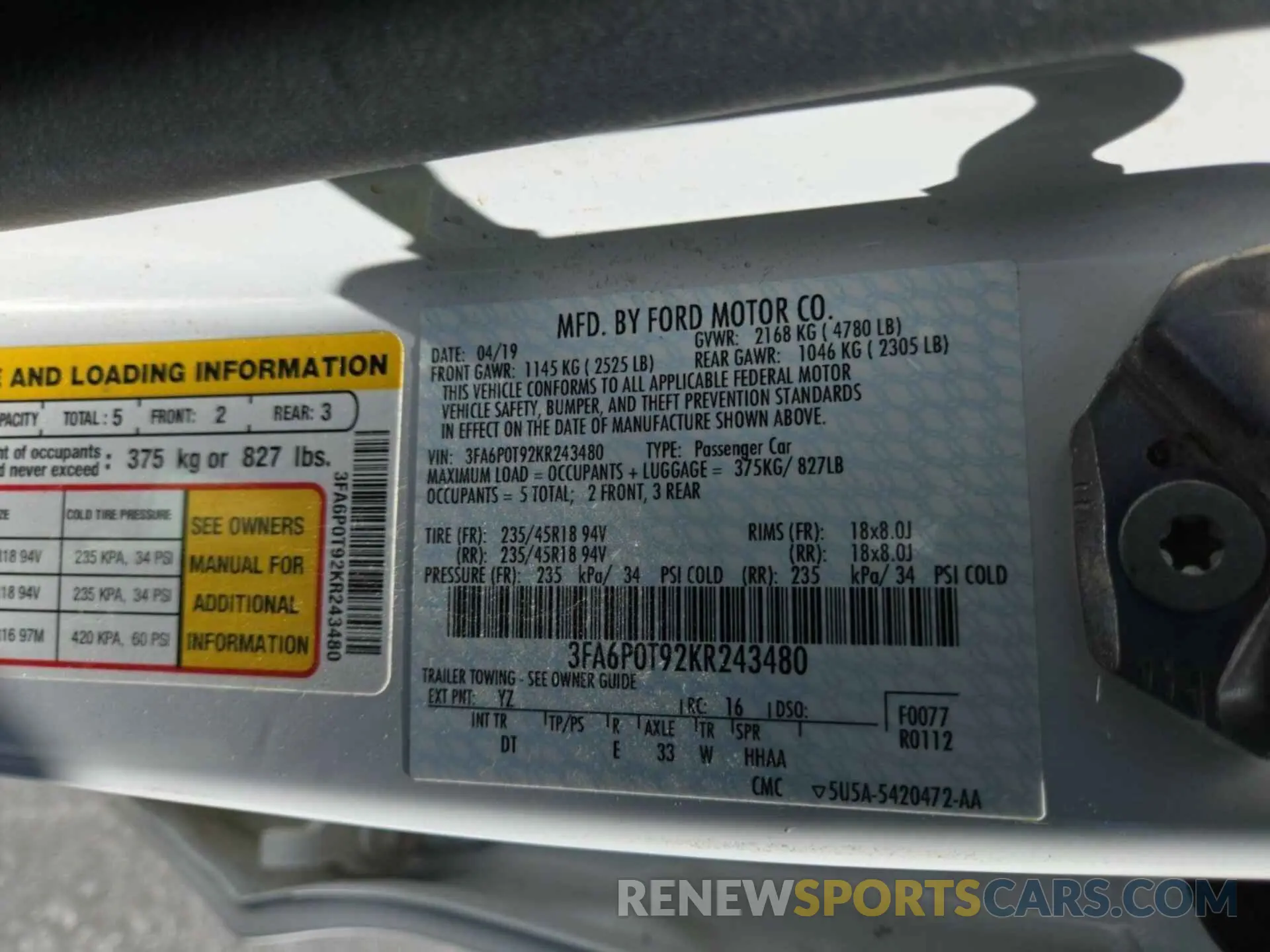 14 Photograph of a damaged car 3FA6P0T92KR243480 FORD FUSION 2019