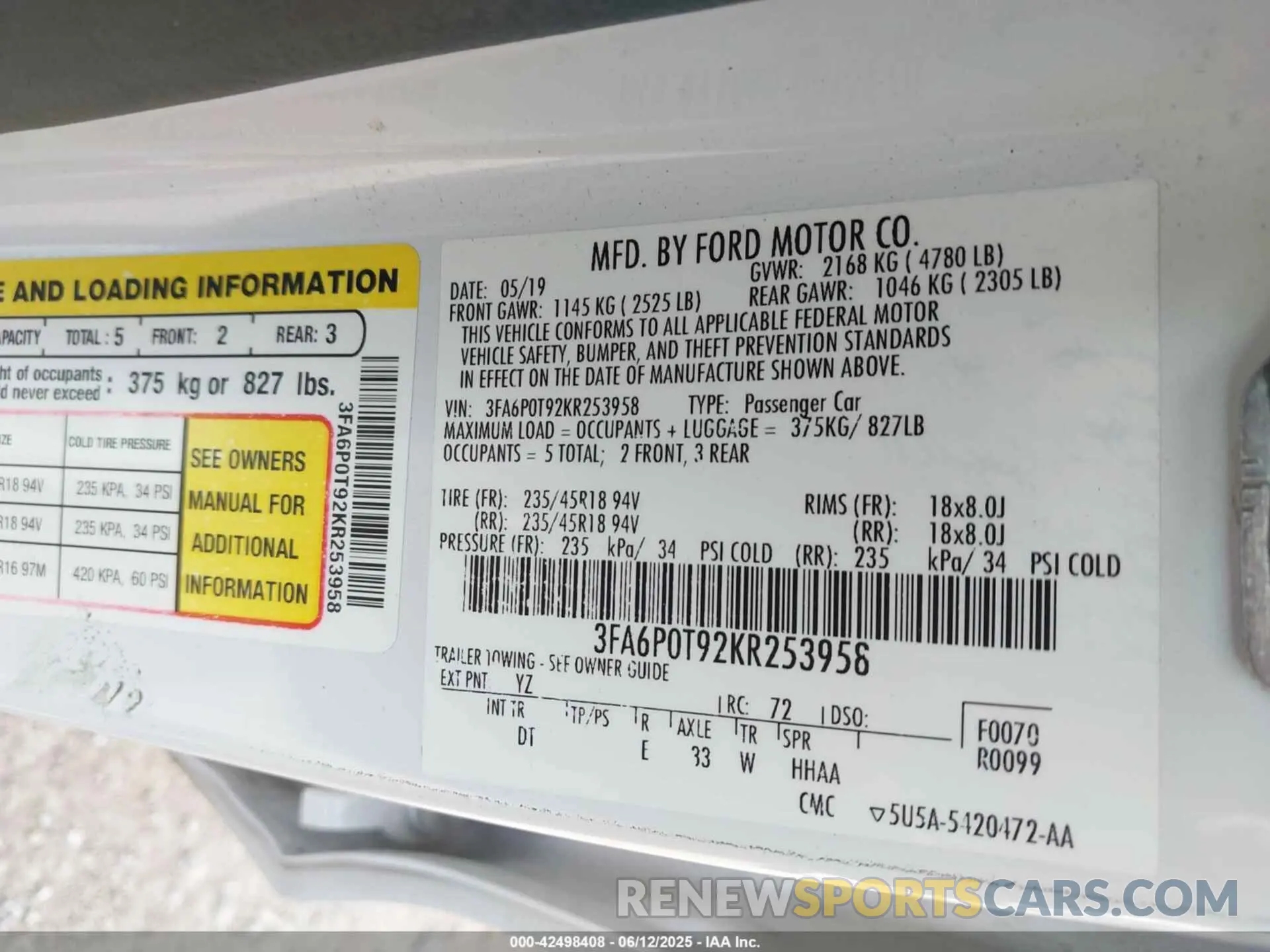 9 Photograph of a damaged car 3FA6P0T92KR253958 FORD FUSION 2019