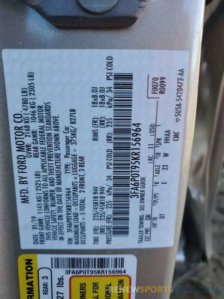 12 Photograph of a damaged car 3FA6P0T95KR156964 FORD FUSION 2019