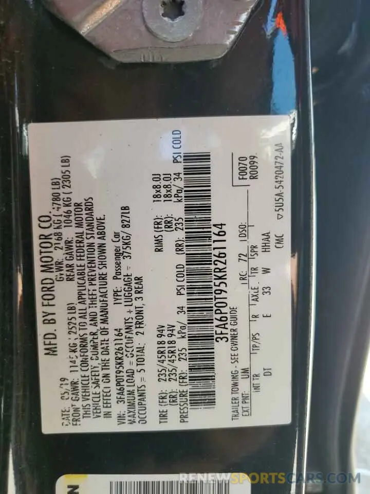 12 Photograph of a damaged car 3FA6P0T95KR261164 FORD FUSION 2019