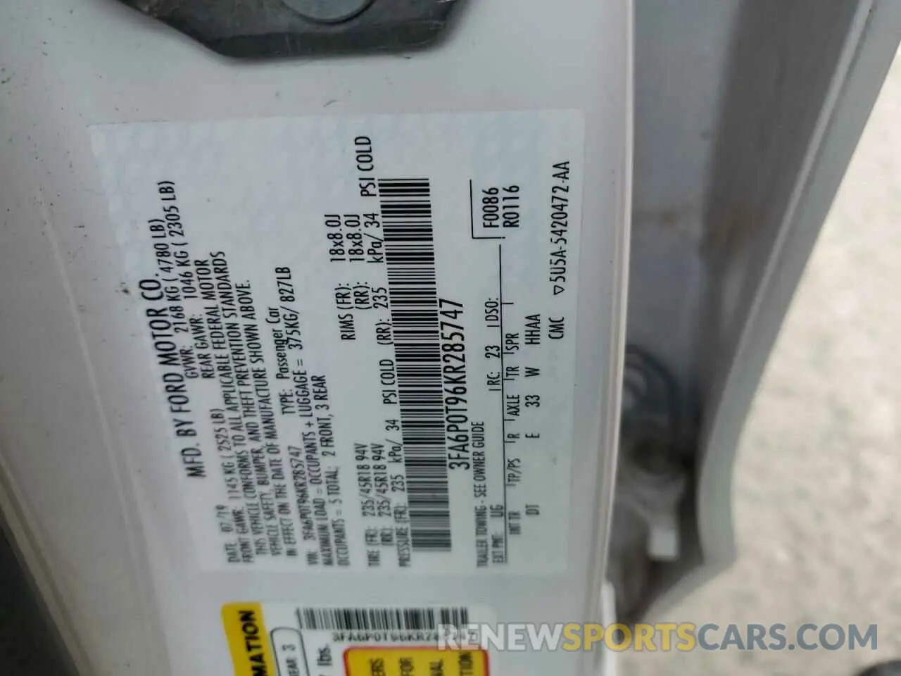 12 Photograph of a damaged car 3FA6P0T96KR285747 FORD FUSION 2019
