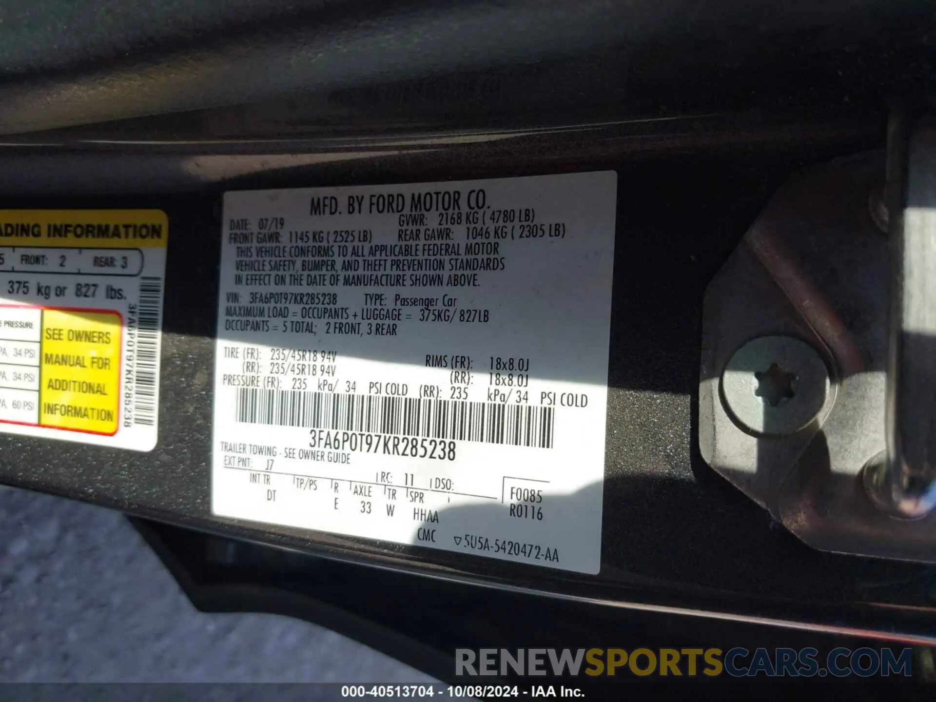 9 Photograph of a damaged car 3FA6P0T97KR285238 FORD FUSION 2019