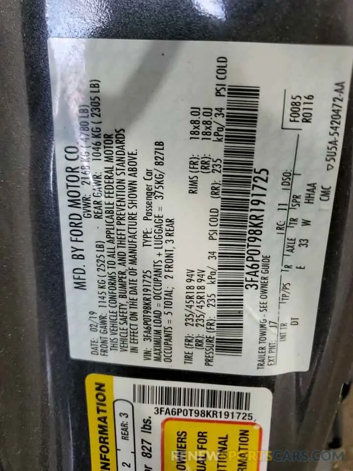 12 Photograph of a damaged car 3FA6P0T98KR191725 FORD FUSION 2019