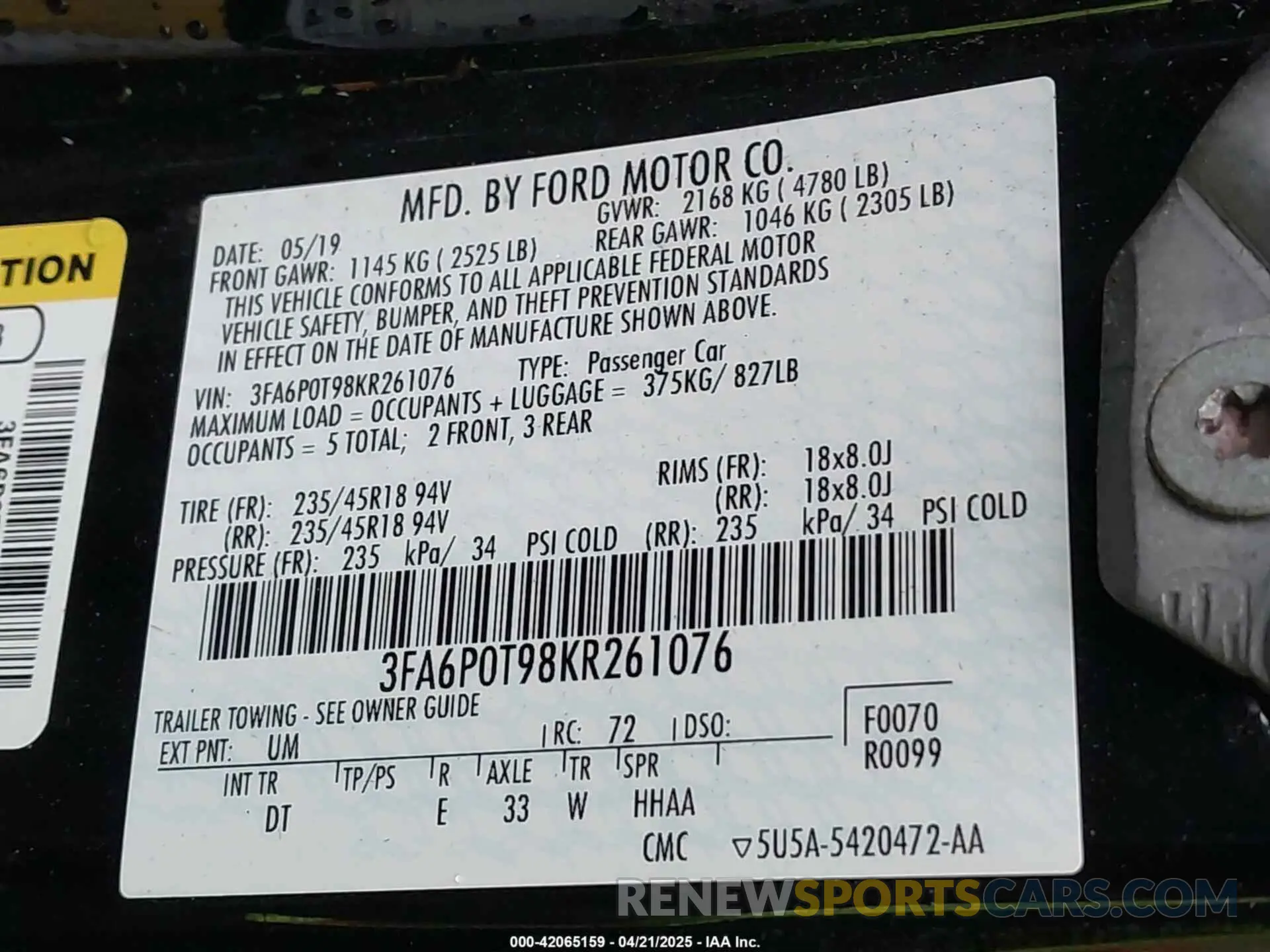 9 Photograph of a damaged car 3FA6P0T98KR261076 FORD FUSION 2019