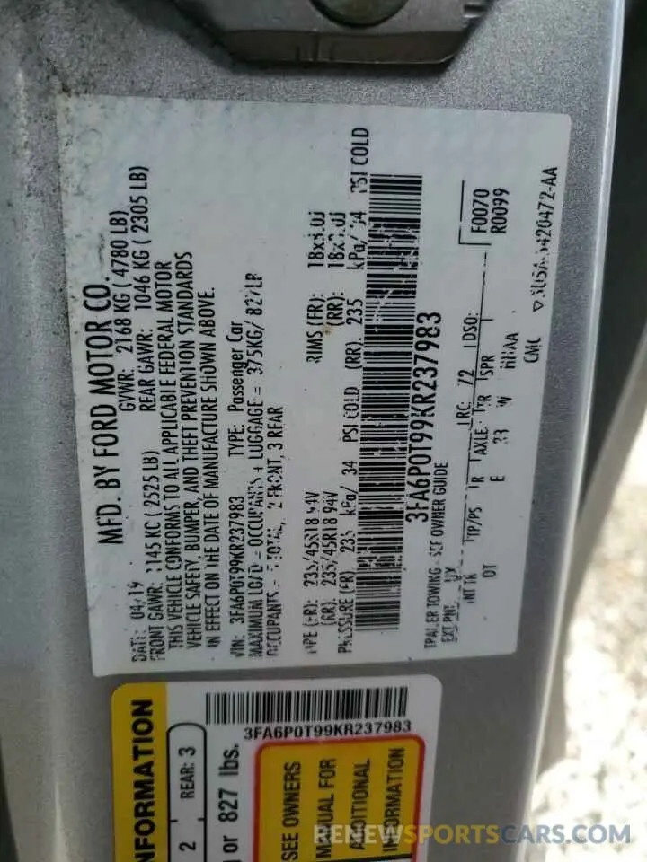 12 Photograph of a damaged car 3FA6P0T99KR237983 FORD FUSION 2019